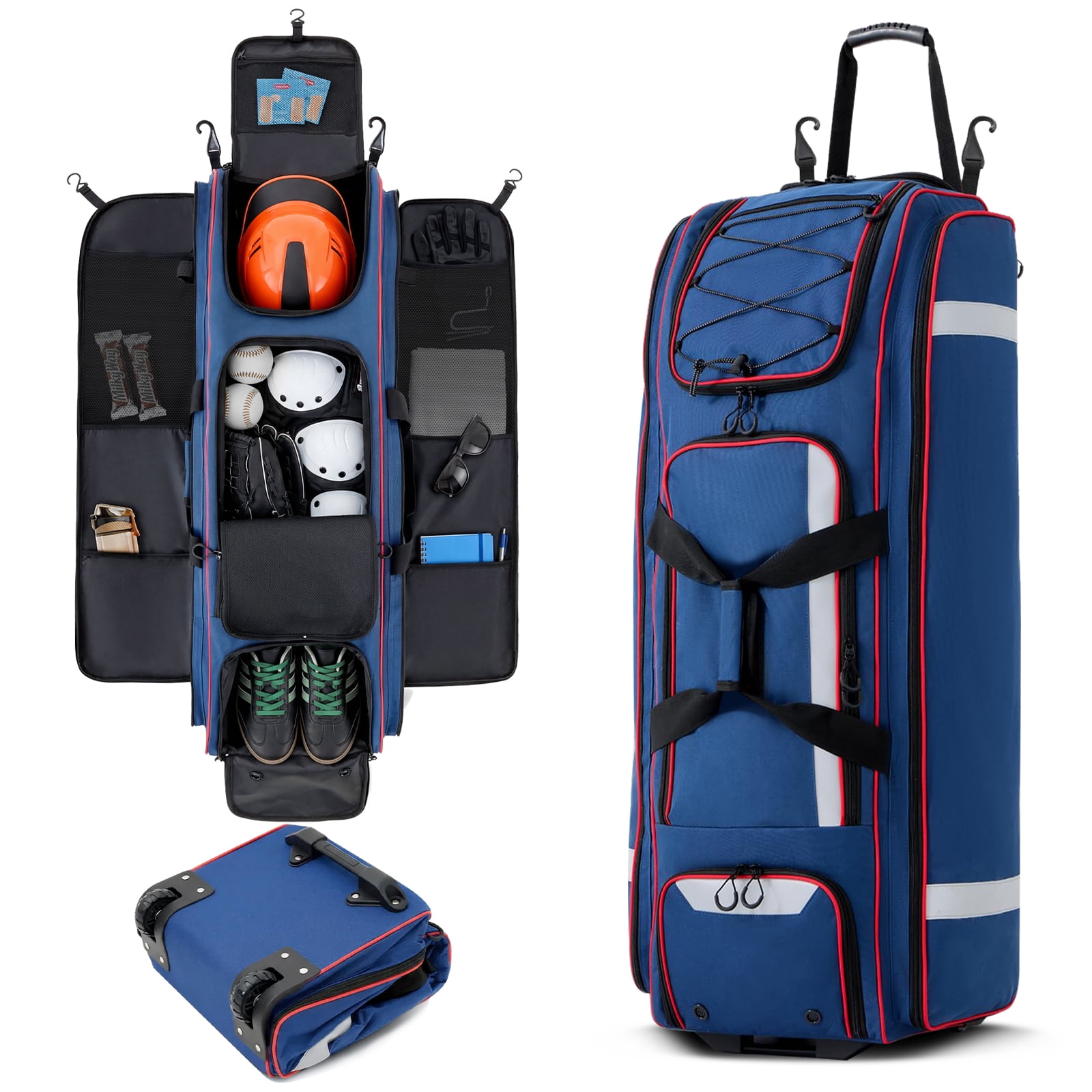 Fegat Rolling Baseball Bag with Wheels,90L Large Softball Bag Catchers Gear Bags for 8 Bats,Equipment Bag with 5 Fence Hooks,Reflective Strip,Shoe Compartment,Holds All Softball Baseball Equipment