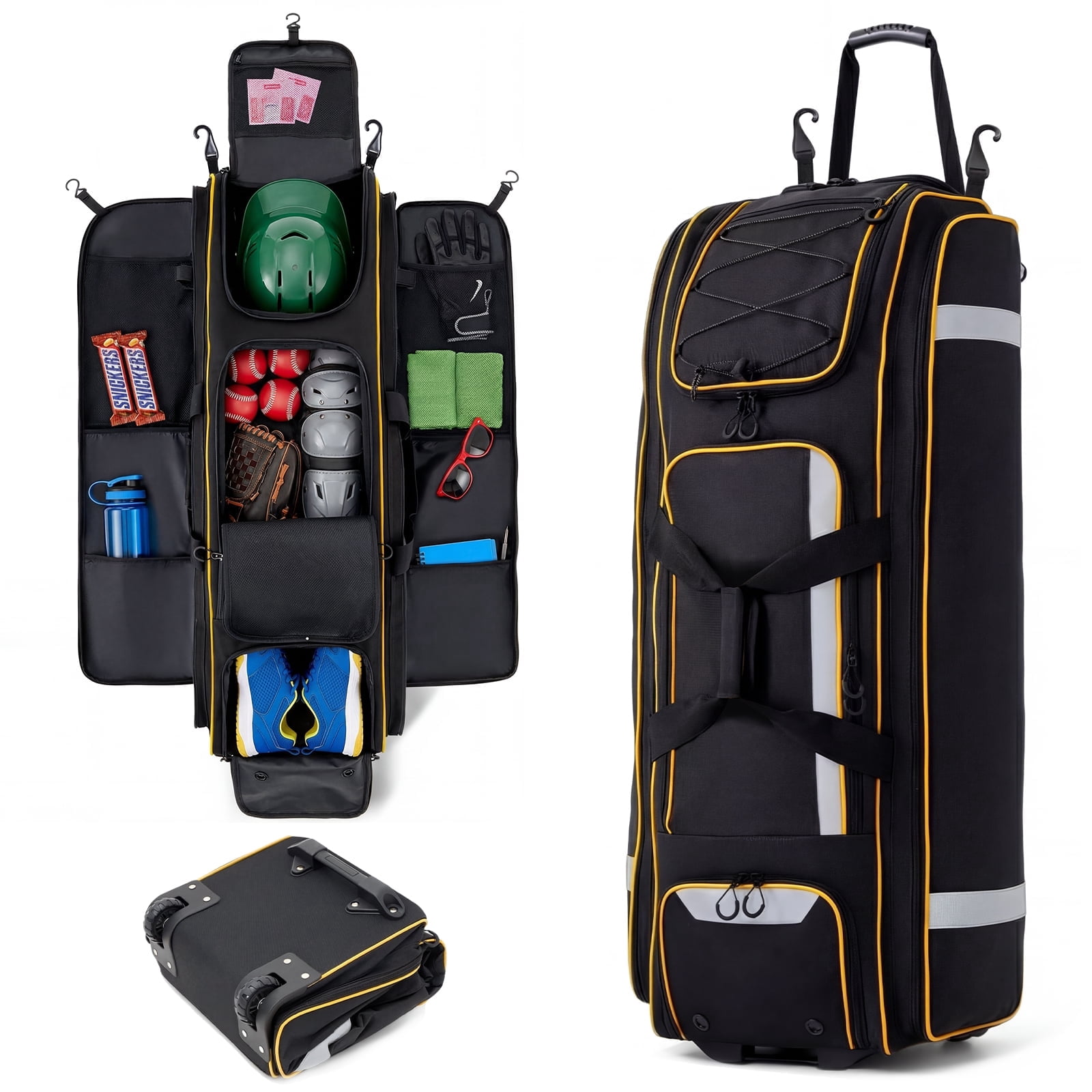 Fegat Rolling Baseball Bag with Wheels,100L Large Softball Bag Catchers Gear Bags for 8 Bats,Equipment Bag with 5 Fence Hooks,Reflective Strip,Shoe Compartment,Holds All Softball Baseball Equipment