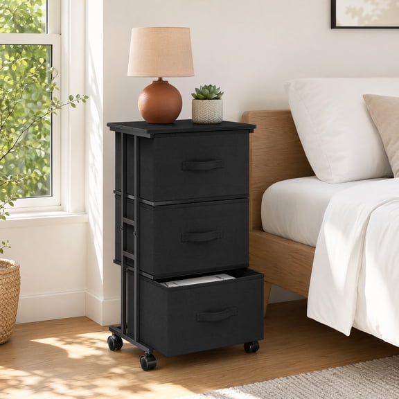 Rolling Bedroom Dressing Table with 3 Fabric Drawers, Portable Storage Organizer Cabinet