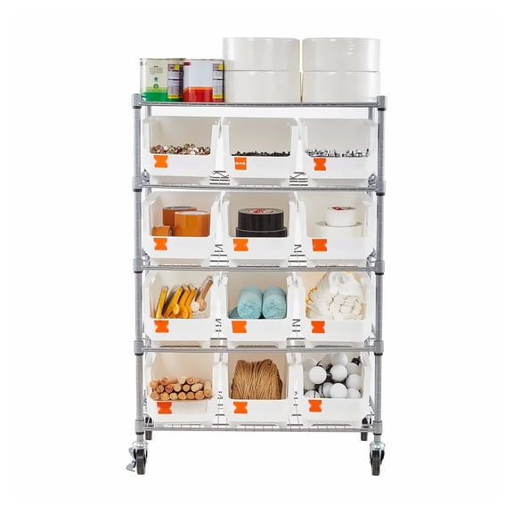 Rolling Bin Storage Rack, 5 Tier - 12 Bin Organizer with Wheels - Steel Wire Shelving System for Garage, Workshop, Office, Kitchen - Mobile Parts Organizer