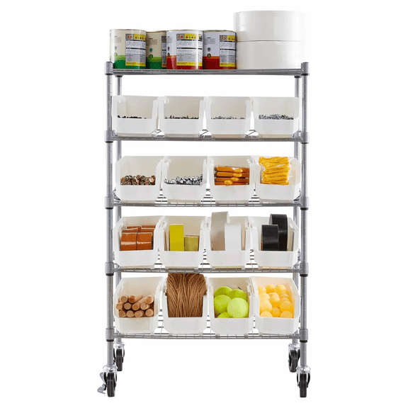 Rolling Bin Storage Rack, 5 Tier 16 Bin Organizer, Mobile Tool Cart with Wheels for Garage, Warehouse, Office, Parts Storage, Steel Wire Shelving