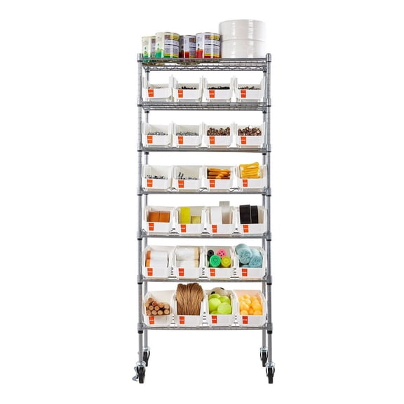 Rolling Bin Storage Rack - 7 Tier, 24 Bin Organizer, Mobile Steel Shelving with Wheels - Garage, Warehouse, Office, Kitchen Storage