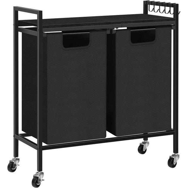 Rolling Black Double Laundry Hamper Basket with Removable Bag and Black