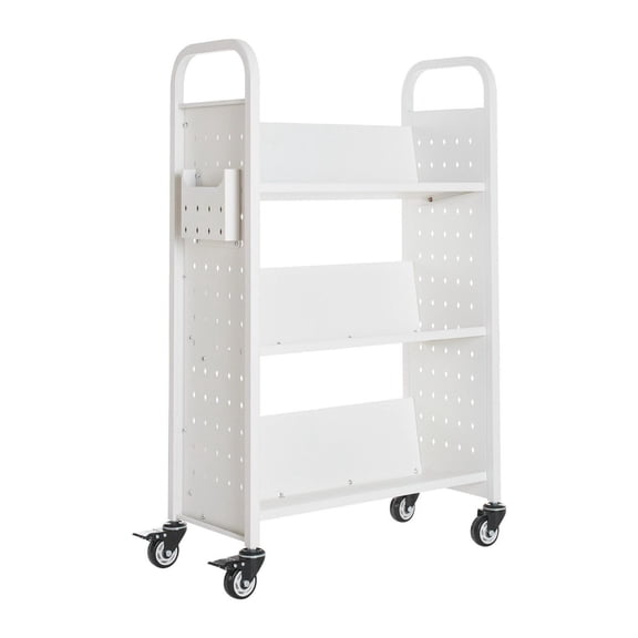 Rolling Book Cart, 330 lbs Capacity - Library Cart with Wheels, 30.3 x 15 x 48 Inch - Single Sided V-Shelf Book Truck for Home, Office, School - White