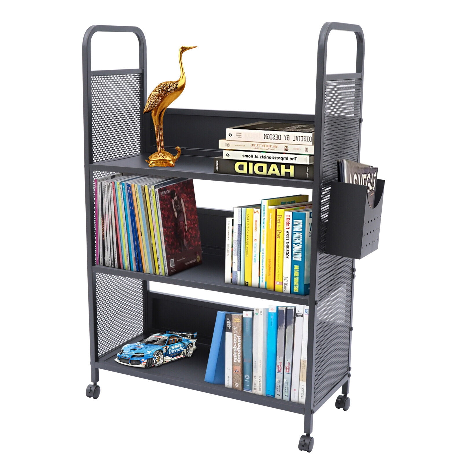 Rolling Book Cart with Single Sided L-Shaped Flat Shelves, 30 x 13 x 46 Inch Narrow Book Truck 3-Tier Library Cart with Swivel Lockable Wheels for Home Office School Library