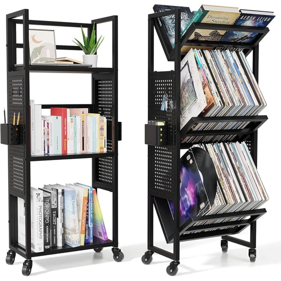Rolling Book Cart with Wheels, 3-Tier Portable Bookshelf, Vinyl Record Storage Cart for Albums & Record Player Stand, Storage Organizer with Side Hooks & Bins for Classroom, Office, Books & Magazines