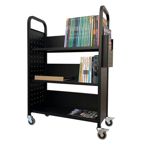 Rolling Book Truck Mobile Utility Cart With Three Flat Shelves, Heavy Duty Carbon Steel Library Storage Rack With Swivel Lockable Casters And Side Paper Organizer, Institutional School Office Supply