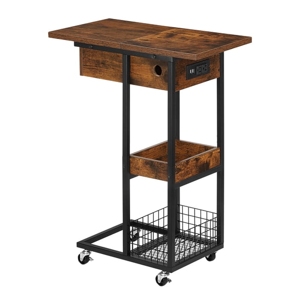 Rolling C-Shaped End Table with Charging Station, Industrial Mobile Side Table with Drawer and Shelves, Slide-Under Sofa Table for Living Room, Bedroom