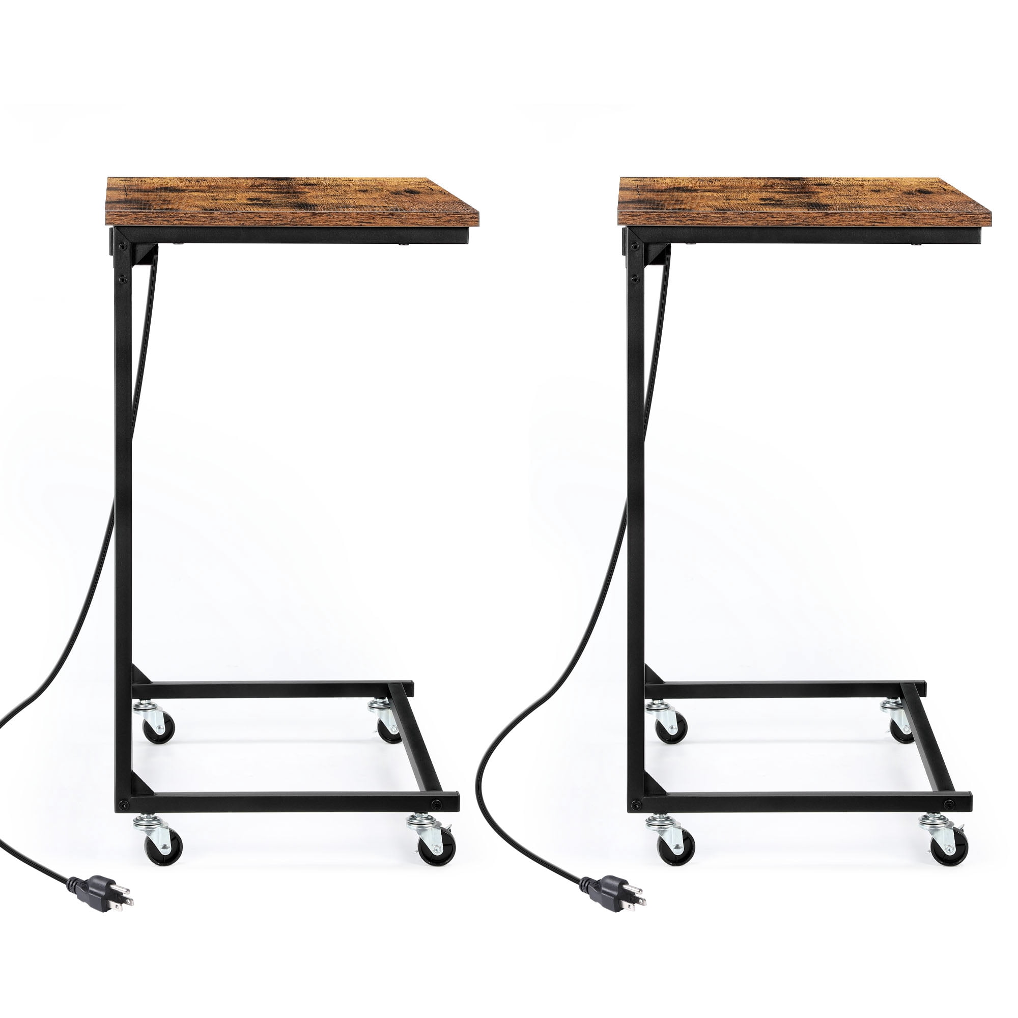 Rolling C‑Shaped Side Table with Charging Station, Mobile Sofa End Table with Lockable Wheels, 2 Pack