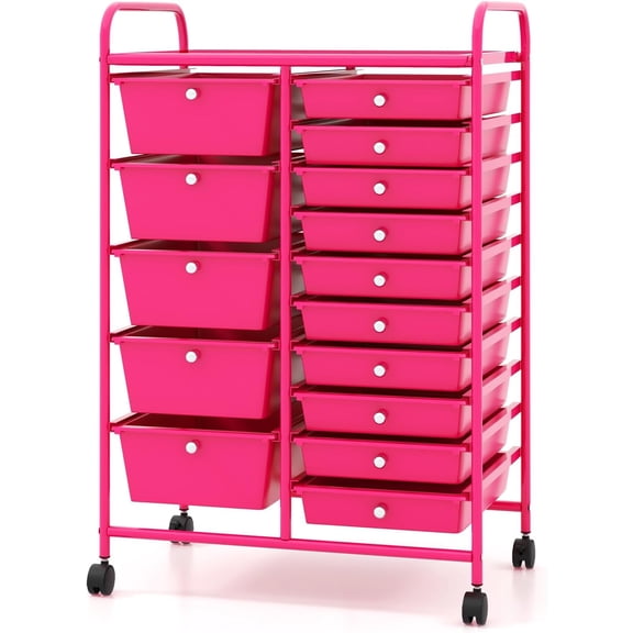 Rolling Cart with 15 Drawers, 15 Tiers Multicolor Trolley, Drawer Bin Carts with 2 Lockable Wheels, Adjustable File & Debris Organizer Cart, Rolling Storage Cart for Office, School, Home
