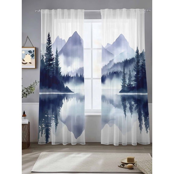Abstract Mountain Sheer Curtains 84 Inches Long 2 Panels Fog Tree Lake Landscape Painting Light Filtering Semi Sheer Window Curtains Drapes for Bedroom Living Room 52"x84"
