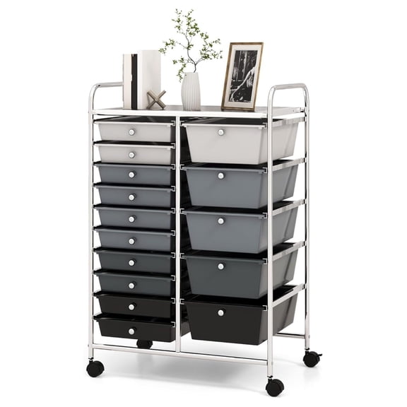 Rolling Cart with 15 Drawers, Rolling Drawer Organizer Cart w/Lockable Wheels, Removable & 2-Sized Storage Drawers, Art Cart for School Home Art Supplies File Scrapbook (Mixed-black)