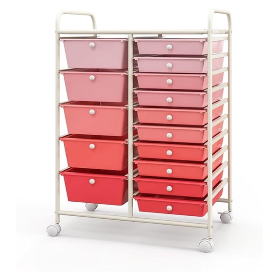Rolling Cart with 15 Drawers, Rolling Drawer Organizer Cart w/Lockable Wheels, Removable & 2-Sized Storage Drawers, Art Cart for School Home Art Supplies File Scrapbook (Mixed Pink)