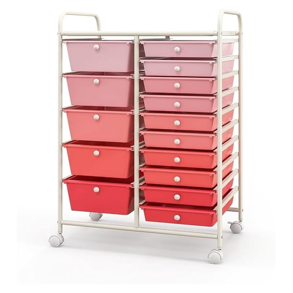 Rolling Cart with 15 Drawers, Rolling Drawer Organizer Cart w/Lockable Wheels, Removable & 2-Sized Storage Drawers, Art Cart for School Home Art Supplies File Scrapbook (Mixed Pink)