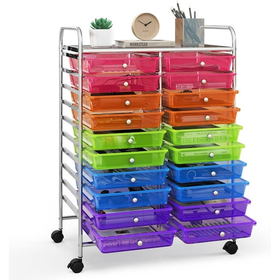 Rolling Cart with 20 Drawers, 20 Tiers Multicolor Trolley, Drawer Bin Carts with 2 Lockable Wheels, Adjustable File & Debris Organizer Cart, Rolling Storage Cart for Office, School, Home