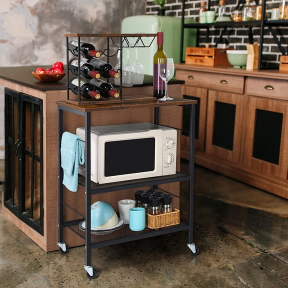 Rolling Cart, 3-Tier Utility Microwave Bar Coffee Cart Kitchen Storage Shelf On Wheels, Brown Large Side End Table Nightstand for Home Office