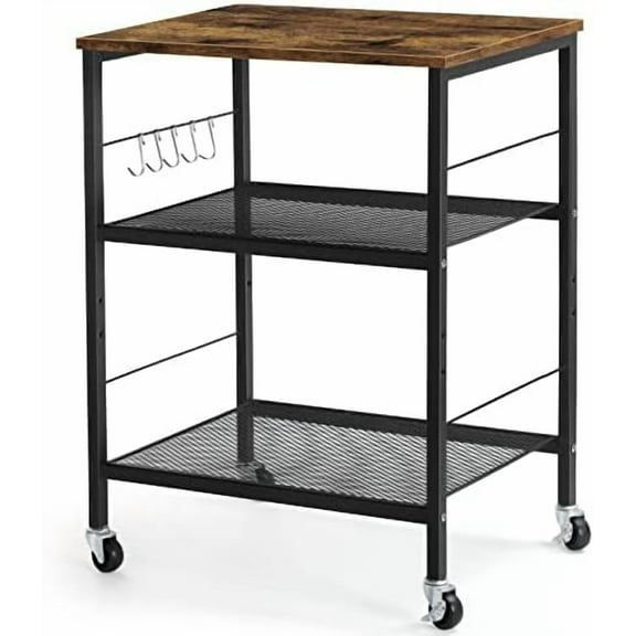 Rolling Cart, 3-Tier Utility Microwave Bar Coffee Cart Kitchen Storage Shelf On Wheels, Brown Large Side End Table Nightstand for Home Office