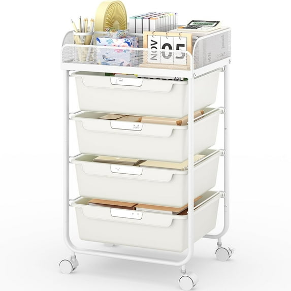 Rolling Cart with 4 Drawers,4 Tiers Rolling Utility Cart Craft Cart,Rolling Storage Drawer Cart with Mesh Top,Storage Cart with Drawers & 4 PCS DIY Lable, Classic Colorful