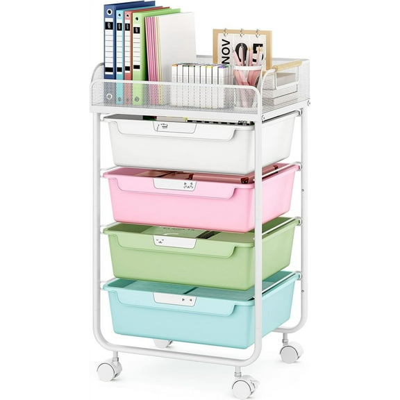 Rolling Cart with 4 Drawers,4 Tiers Rolling Utility Cart Craft Cart,Rolling Storage Drawer Cart with Mesh Top,Storage Cart with Drawers & 4 PCS DIY Lable, Classic Colorful