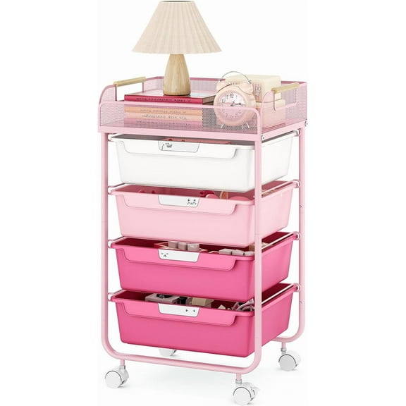 Rolling Cart with 4 Drawers,4 Tiers Rolling Utility Cart Craft Cart,Rolling Storage Drawer Cart with Mesh Top,Storage Cart with Drawers & 4 PCS DIY Lable, Rose Pink