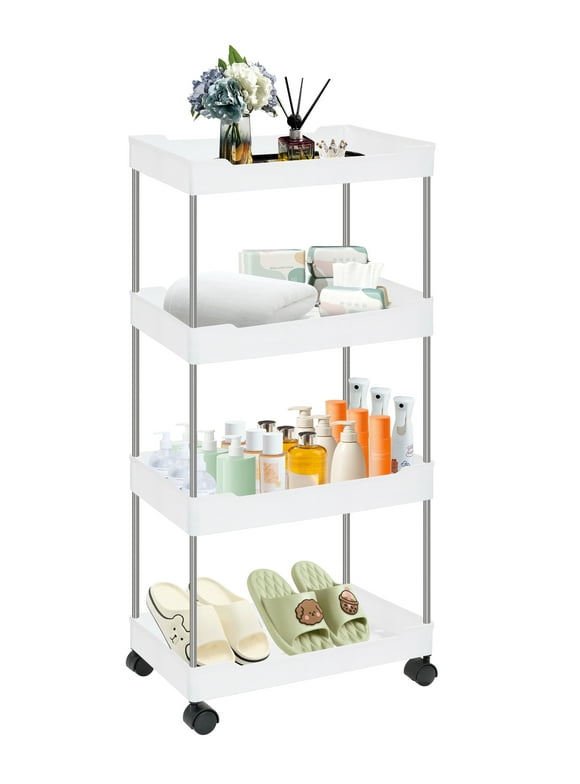 Rolling Cart, 4 Tier Rolling Cart, Craft Cart, Utility Carts with Wheels, Multifunctional Storage Shelves for Kitchen Living Room Office (White)