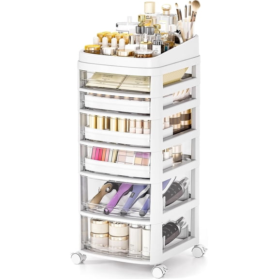 Rolling Cart with 6 Drawers, Clear Plastic Drawer Organizers, Dust Proof Under Desk Storage for Makeup, Skincare, Art Crafts and Baby Items, Acrylic Cosmetic Organizer with Dividers, Vanity Cart