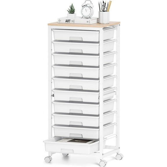Rolling Cart with Drawers,10 Drawer Rolling Cart,Storage Cart,Utility Cart,Teacher Cart for Classroom Storage,Craft Cart with Wheels and Wooden Tabletop