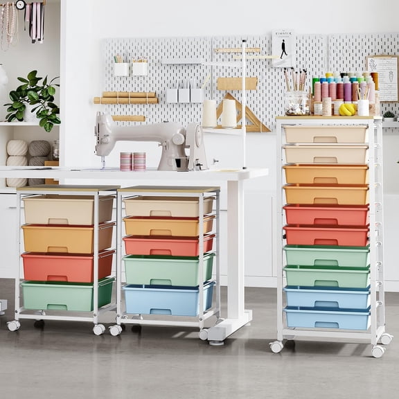 Rolling Cart with Drawers, 10 Drawer Rolling Cart, Storage Cart with Wheels, Utility Cart with Drawers, Teacher Cart for Classroom Storage, Craft Cart with Wheels and Wooden Tabletop, Rainbow