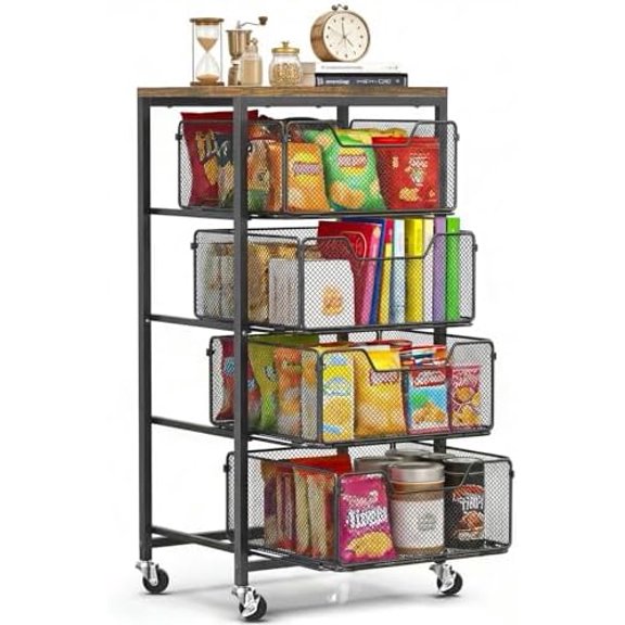 Rolling Cart with Drawers, 4-Tier Utility Cart Storage Organizer with Lockable Wheels, Metal Craft Storage Cart with Wooden Top for Kitchen, Bathroom, School, Studio, Office, Bedroom, Black