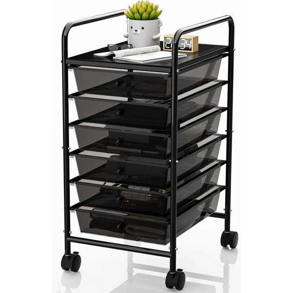 Rolling Cart with Drawers, 6-Tier Rolling Storage Cart with Drawers, Rolling Utility Cart with 6 Drawers with 2 Lockable Caster Wheels for Office Bathroom Kitchen, Transparent Black