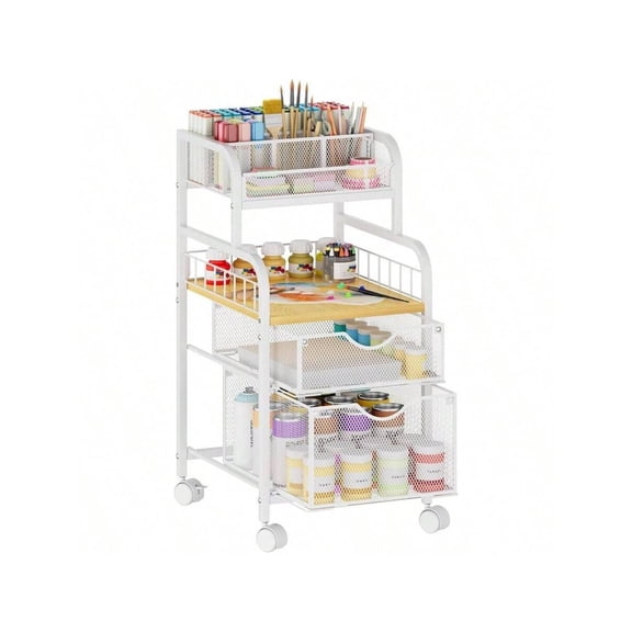 Rolling Cart With Drawers - Metal Utility Cart With Wood Shelf, Divider And Locking Wheels, Art Cart Organizer Under Desk Storage Home Office Studio, Black