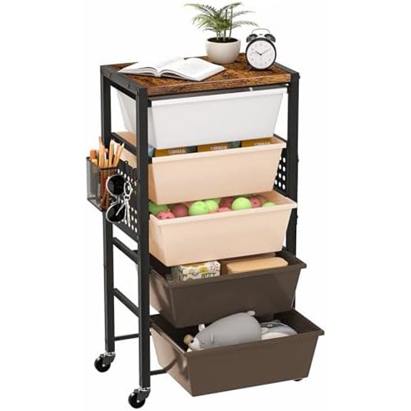 Rolling Cart with Drawers, Rolling Storage Cart with Large Plastic Drawers & Wooden Tabletop, Utility Cart with Pegboards & Basket, Storage Drawers Cart for Living Room, Classroom, Bedroom, Office