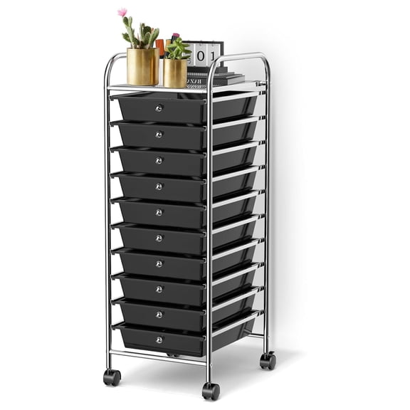 Rolling Cart with Storage Drawers, Utility Cart with Removable Plastic Drawers, Lockable Wheels, Art Cart for Classroom Organization Art Supplies Office Scrapbook (10 Drawers, Black)