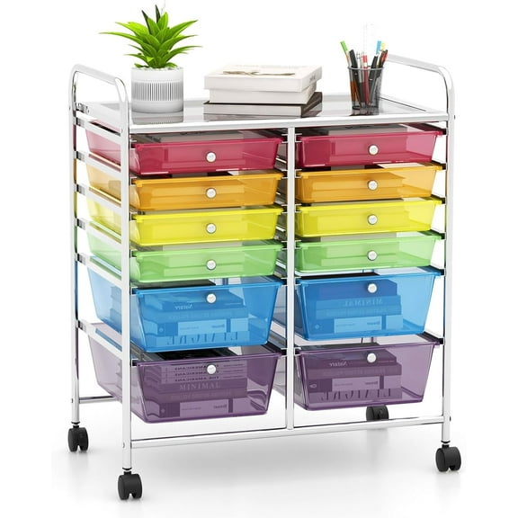 Rolling Cart with Storage Drawers, Utility Cart with Removable Plastic Drawers, Lockable Wheels, Art Cart for Classroom Organization Art Supplies Office Scrapbook (12 Drawers, Rainbow)