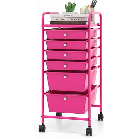 Rolling Cart with Storage Drawers, Utility Cart w/Removable Plastic Drawers, Lockable Wheels, Art Cart for Classroom Organization Art Supplies Office Scrapbook (6 Drawers, Hot Pink)