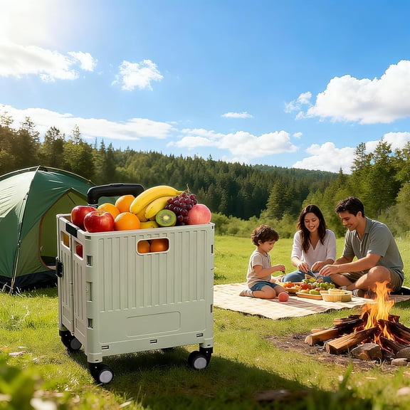 Rolling Cart for Teachers, Folding Rolling Crate Collapsible Utility Handcart Shopping Trolley Tool Box, with Lid, Basket on 4 Rotate Wheels, for Grocery, Office, Luggage, Teacher, Green