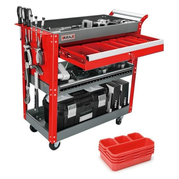 Rolling Cart with Wheels,3 Tier Mechanic Tool Cart with Drawers,440LBS Heavy Duty Industrial Service Cart with Pegboard for Warehouses and Garage,Red (with Tool Classification Box)