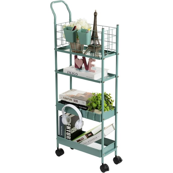 Rolling Cart with Wheels, 4 Tier Narrow Storage Cart, 7.7'' Metal Rolling Cart with Hooks and Hanging Cups, Utility Cart on Wheels for Bathroom, Kitchen, Office and Small Spaces, Green