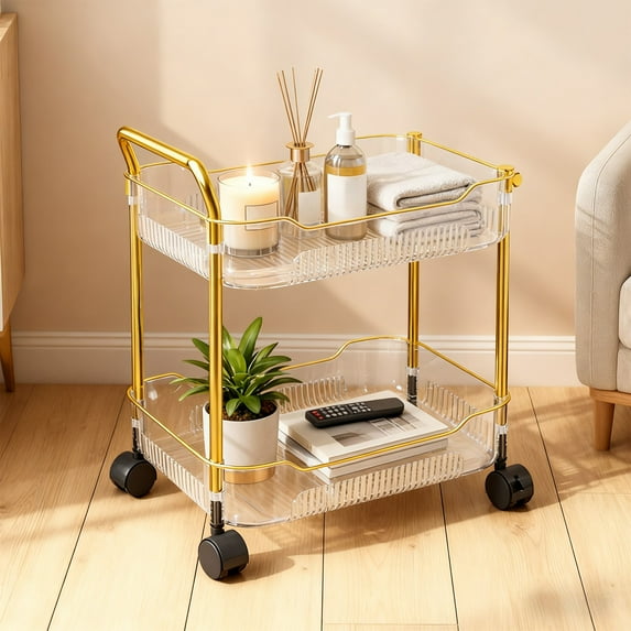 Rolling Cart with Wheels, Two Tier Storage Cart for Kitchen Office Bathroom, Transparent Organizer with Lockable Casters and Handle, Utility Storage Trolley for Home Pantry Bedroom Classroom