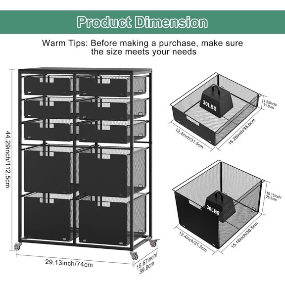 Rolling Cart with Drawers, 10 Drawer Multipurpose Mobile Utility Storage Cart, Metal Filing Cabinet for Home Office, Black