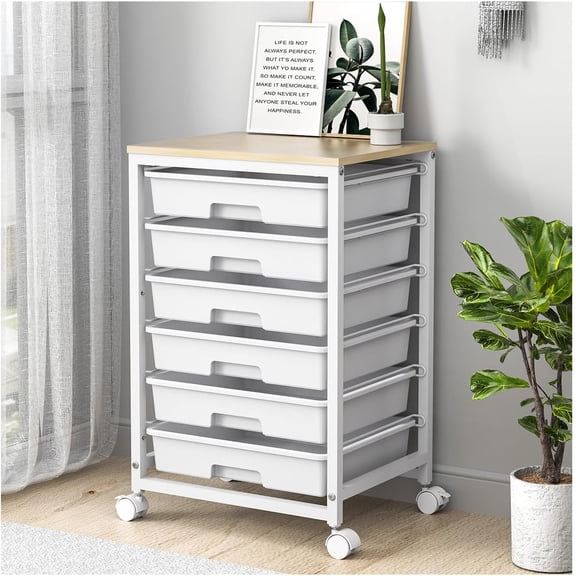Rolling Cart with Drawers,Utility 6 Drawers,Rolling Storage Drawers and Wooden Tabletop & Lockable Wheel,White