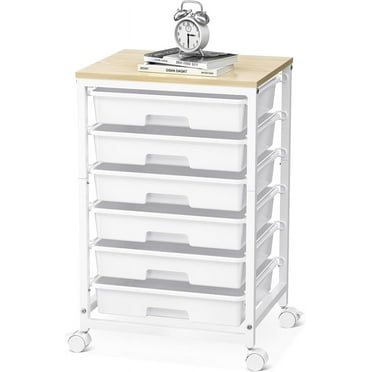 Rolling Cart with Drawers,Utility Cart with 6 Drawers,Rolling Storage Cart with Drawers and Wooden Tabletop & Lockable Wheel,White