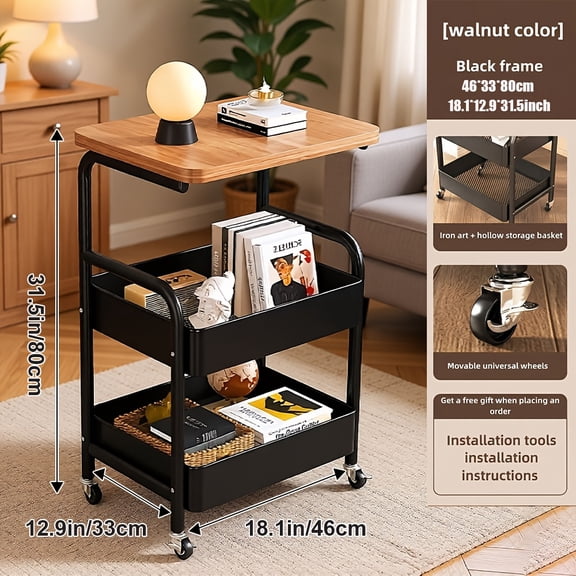 Rolling Cart with Wooden Tabletop, 3 Tier Metal Mesh Storage Trolley