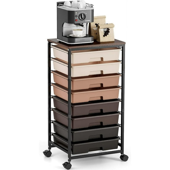 Rolling Carts with Wheels, Utility Cart with 8 Drawers and Wooden Tabletop, Storage Cart for Office Organization, Arts and Crafts Organizer Storage, Teacher cart for Classroom, Bedroom, Brown