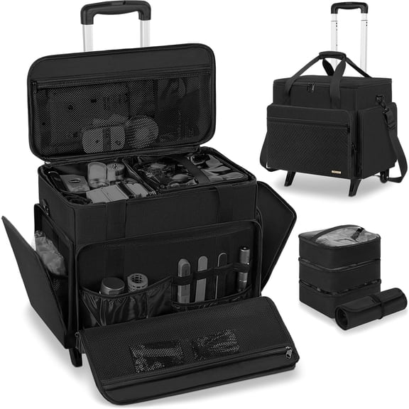 Rolling Case with 4 Removable Pouches, Professional Bag with Wheels, Travel Make up Bag for Artist Hairstylists with Detachable Trolley