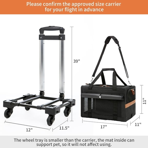 Rolling Cat Carrier, TSA Airline Approved Soft Side 17x11x11 with Locking Zippers, Travel Pet Carrier with Wheels Not Collapse, for 12lbs Cat and 9lbs Dog, Black