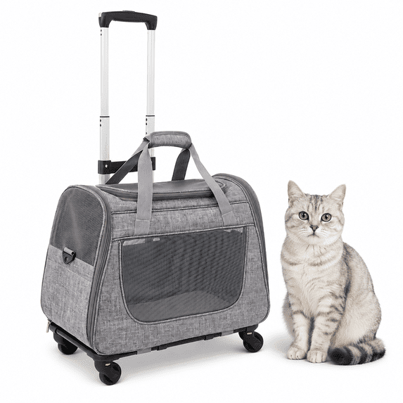 Rolling Cat Carrier with Wheels, Foldable Airline Approved Pet Travel Carrier with Handle & Luggage Strap