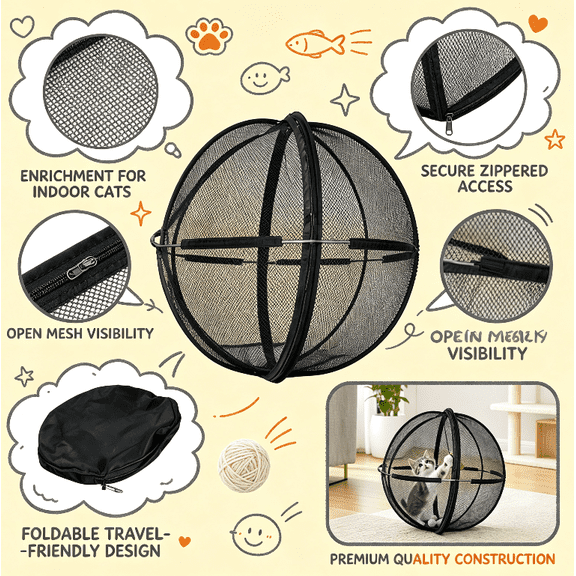 Rolling Cat Playpen Ball, 26.77 Inch Foldable Mesh Spherical Cat Cage, Portable Breathable Outdoor Cat Enclosure with Storage Bag, Indoor Outside Kitten Play Tent for Garden Lawn Travel