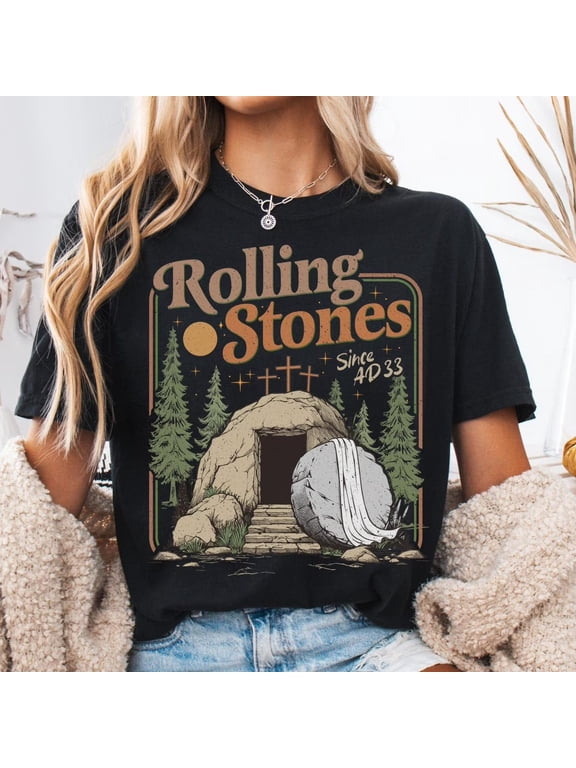 `Rolling Christian Graphic T‑Shirt, Easter Tomb Stone Jesus Christ Faith Print, Women's Crew Neck Short Sleeve Casual Religious Tee