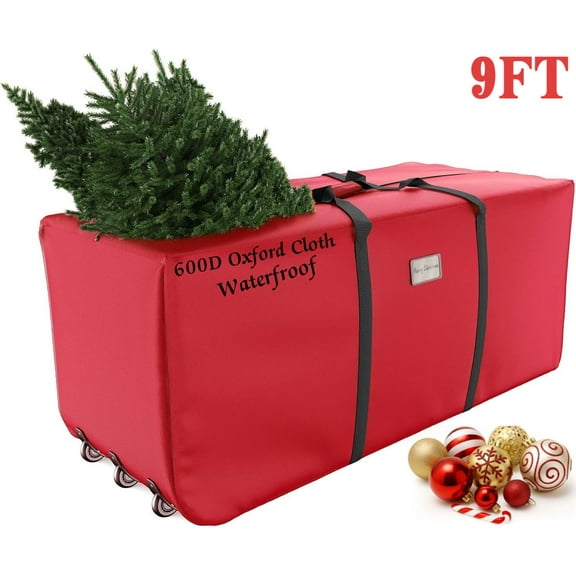 Rolling Christmas Tree Storage Bag with Wheels, Waterproof 9 ft Xmas Tree Storage Container Box 600D, Red